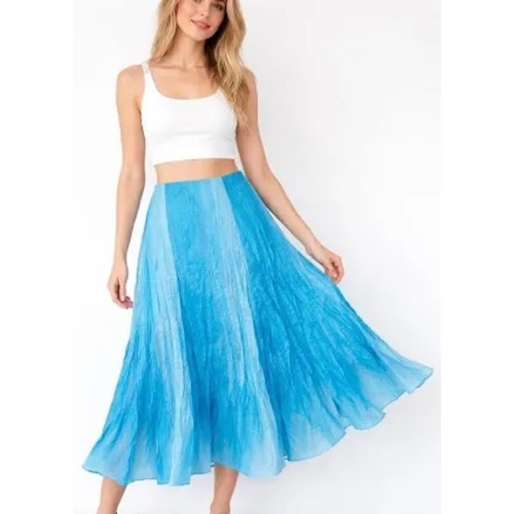 Lauren Ralph‎ Lauren 100% Silk NWT $159 Ombre Crinkle Midi Skirt Blue | Size 12